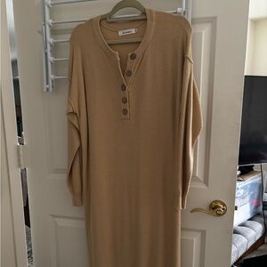 Avenue Tan Long Sleeve Waffle Maxi Dress